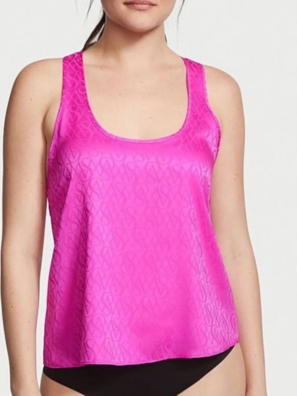 NWT Victorias Secret Satin Logo Pink Racerback Sleep Lounge Cami PJ Top MEDIUM